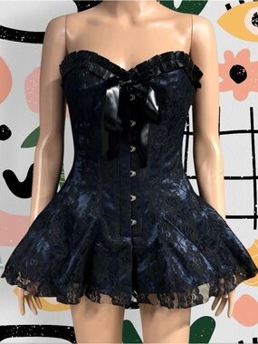 NWT✨ | Vintage Goth | Blue Black Floral Lace Micro Mini Lingerie Corset Dress